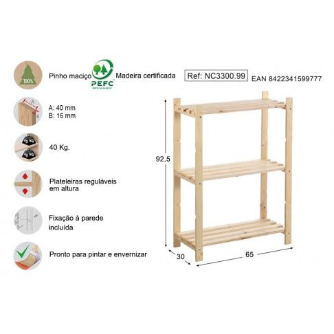 Estante Pinho 3 prateleiras 922x300x650mm Estante Pinho 3 prateleiras 922x300x650mm